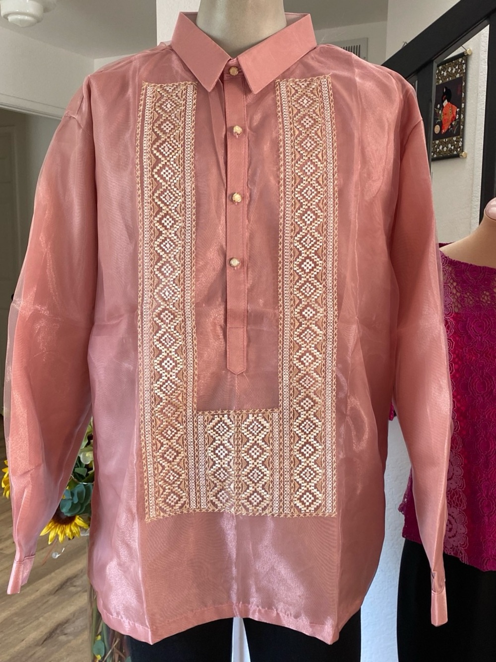 Men's Embroidered Barong Tagalog Button Shirt in Dusty Rose